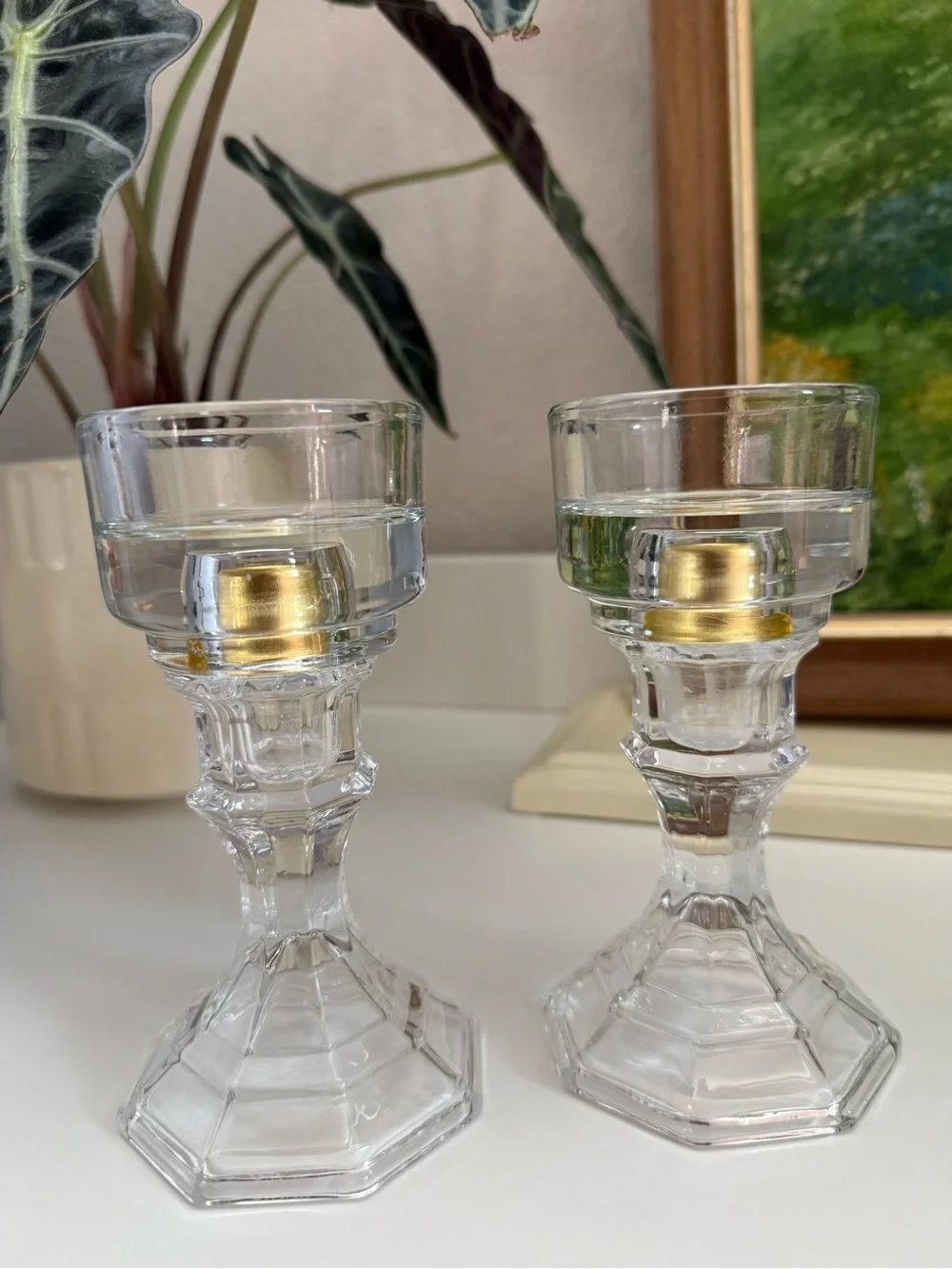 Clear Glass Candlestick Holders with Gold Accent